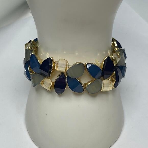 gold tone bracelet faux jewels in teals blue green costume jewelry - Picture 1 of 11